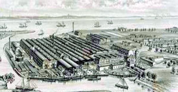  A drawing of Prices Patent Candle Company and Bromborough Pool.